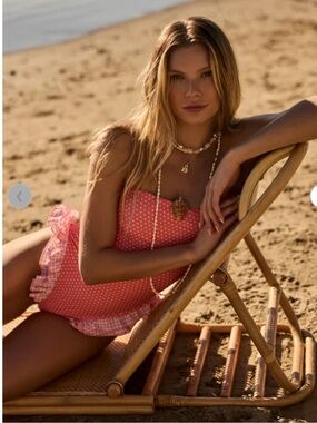 Altar'd State Coral Pink Peach Polka Dot One-Piece Swimsuit with Spaghetti Strap